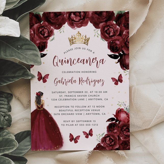 Burgundy Floral Watercolor Princess Quinceañera Invitation (Creator Uploaded)