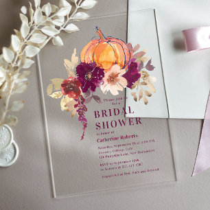 Burgundy Floral Watercolor Pumpkin Bridal Shower Acrylic Invitations