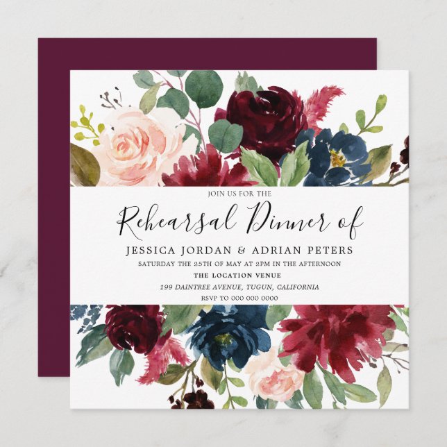 Burgundy Floral Watercolor Rehearsal Dinner Invite (Front/Back)