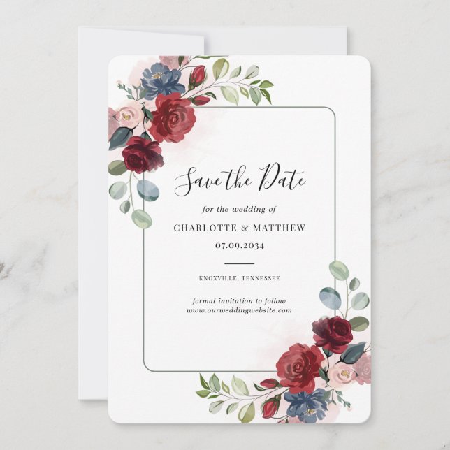 Burgundy Floral Watercolor Script Save The Date (Front)