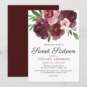 Burgundy Floral Watercolor Sweet 16 Invite