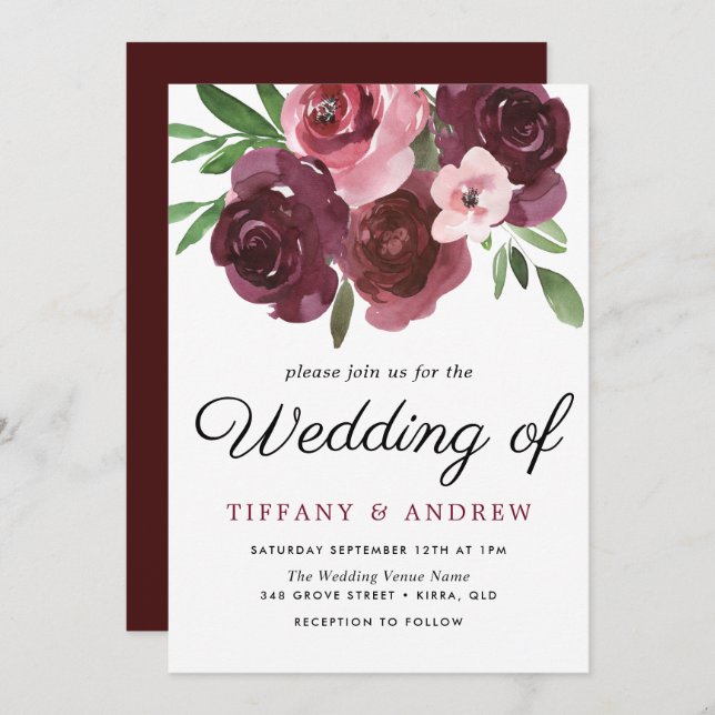 Burgundy Floral Watercolor Wedding Invitation (Front/Back)