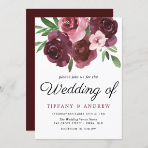 Burgundy Floral Watercolor Wedding Invitation