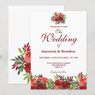 Burgundy Floral Watercolor Wedding Invitation