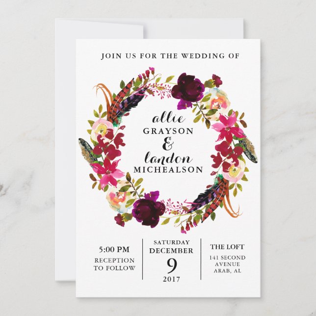 Burgundy Floral Watercolor Wedding Invitation (Front)