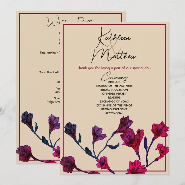 Burgundy Floral Watercolor Wedding Program (Front/Back)