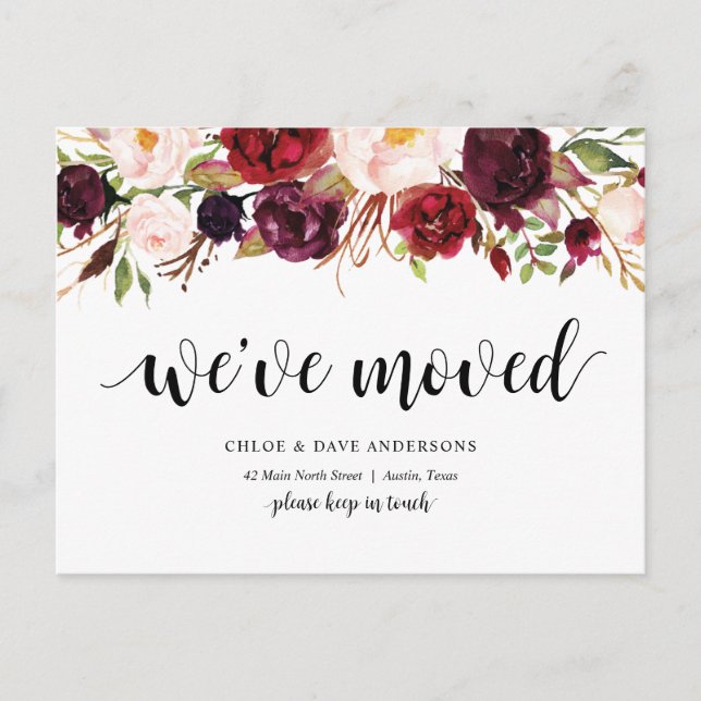 Burgundy floral, We have moved Announcement Postcard (Front)
