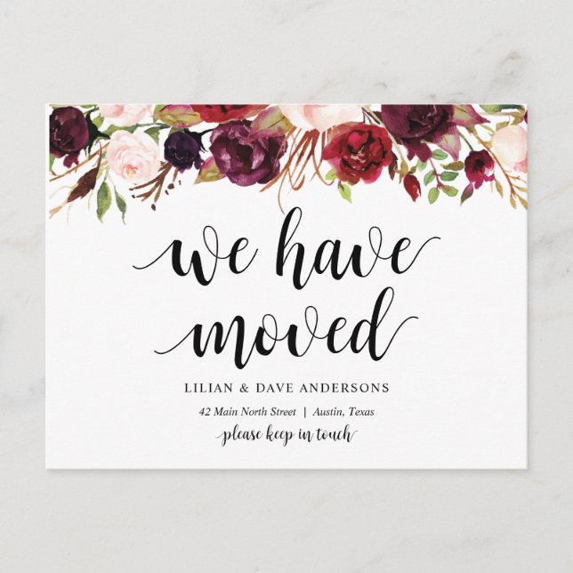 Burgundy floral, We have moved Announcement Postcard (Front)