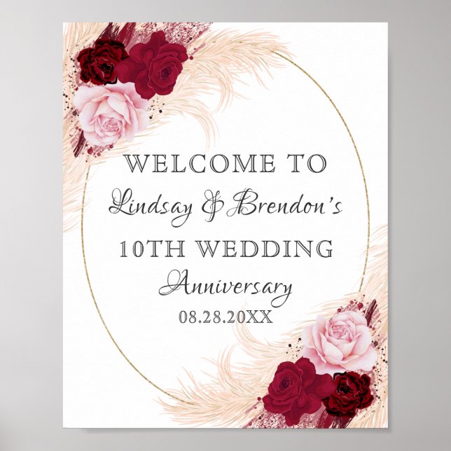 Burgundy Floral Wedding Anniversary Pampas Welcome Poster (Front)