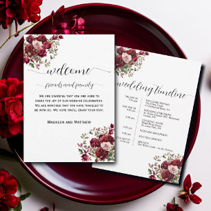 Burgundy Floral Wedding Bag Letter & Timeline Card