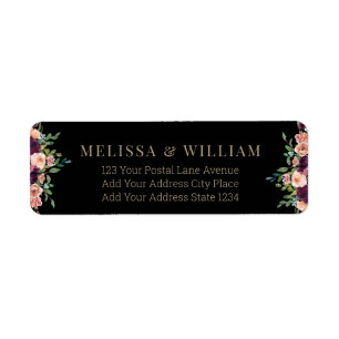 Burgundy Floral Wedding Black Return Address Label