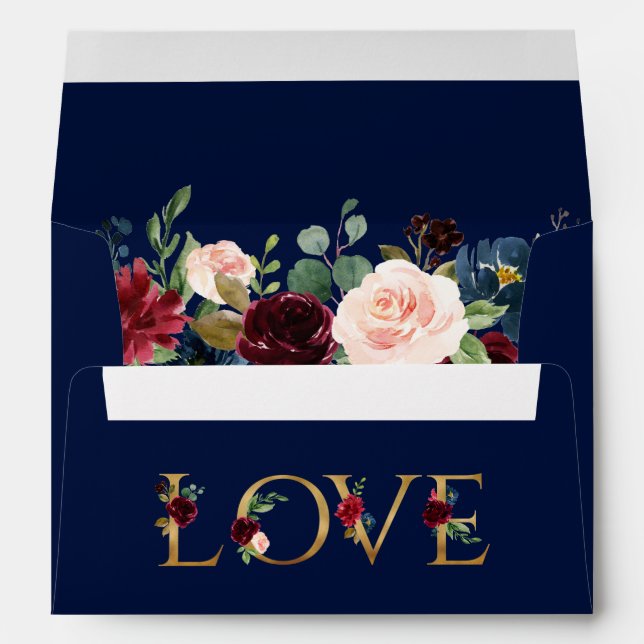 Burgundy Floral Wedding Blue Love Invitation Envelope (Back (Bottom))