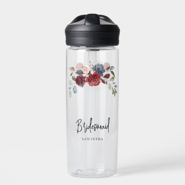 Burgundy Floral Wedding Bridesmaid Personalised Water Bottle (Front)
