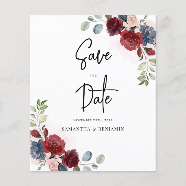 Burgundy Floral Wedding Budget Save The Date (Front)