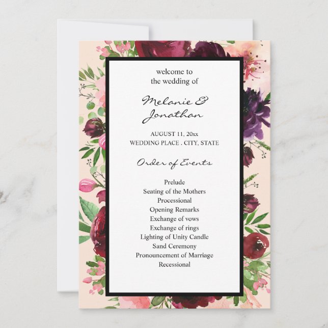 Burgundy Floral Wedding Ceremony Program - Pink (Front)