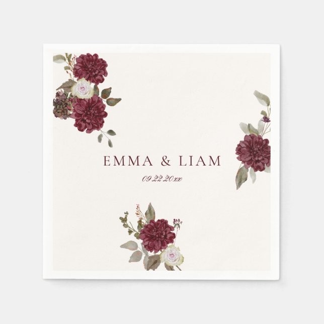 Burgundy Floral Wedding Cocktail Napkins (Front)