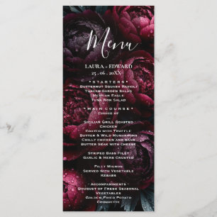 burgundy floral wedding design featuring rich wine menu