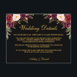 Burgundy Floral Wedding Details Black Insert Card<br><div class="desc">Watercolor Burgundy Floral,  Black and Gold Wedding Details Insert Card</div>