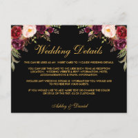 Burgundy Floral Wedding Details Black Insert Card