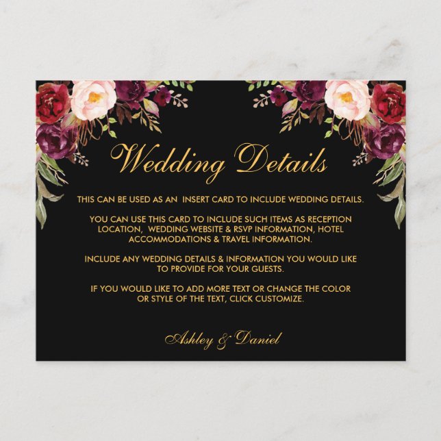 Burgundy Floral Wedding Details Black Insert Card (Front)