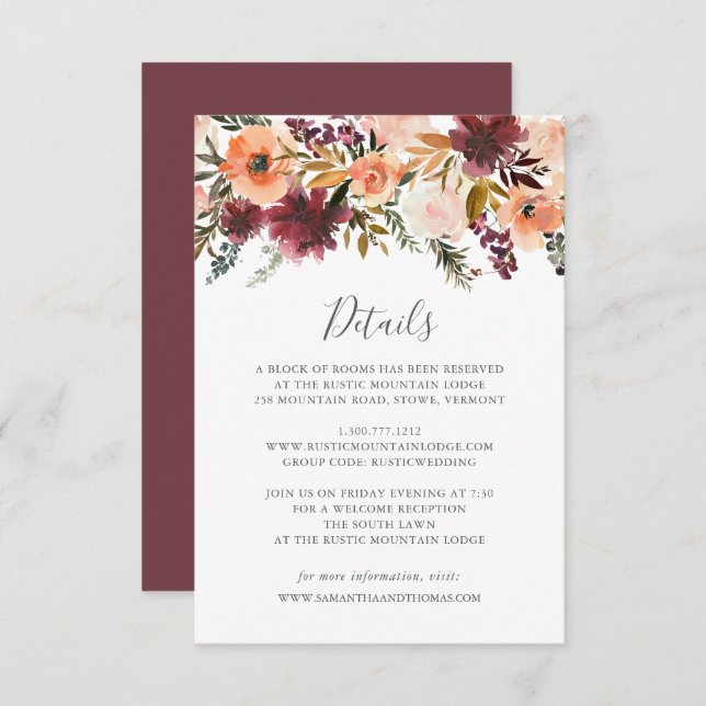 Burgundy Floral Wedding Details Card (Front/Back)