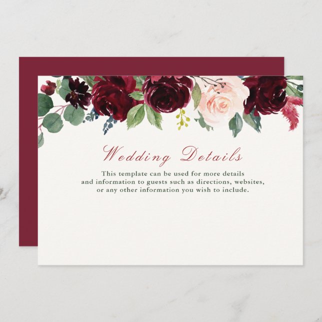 burgundy floral wedding details card (Front/Back)