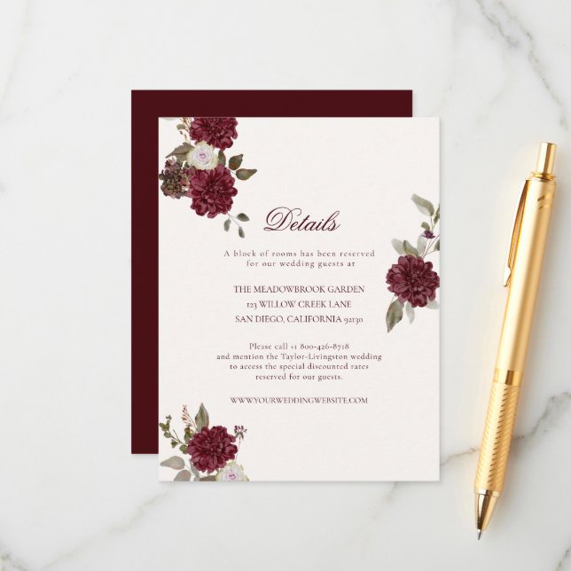 Burgundy Floral Wedding Details Card (Front/Back In Situ)