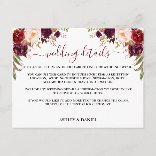 Burgundy Floral Wedding Details Insert Card (Front)