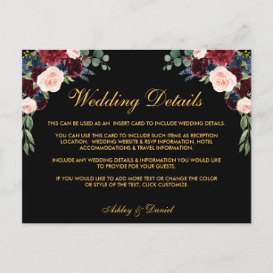 Burgundy Floral Wedding Details Insert Card Black