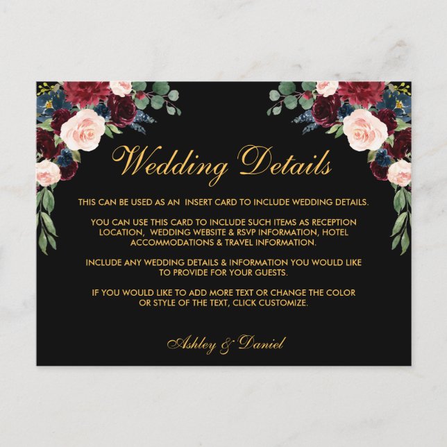 Burgundy Floral Wedding Details Insert Card Black (Front)