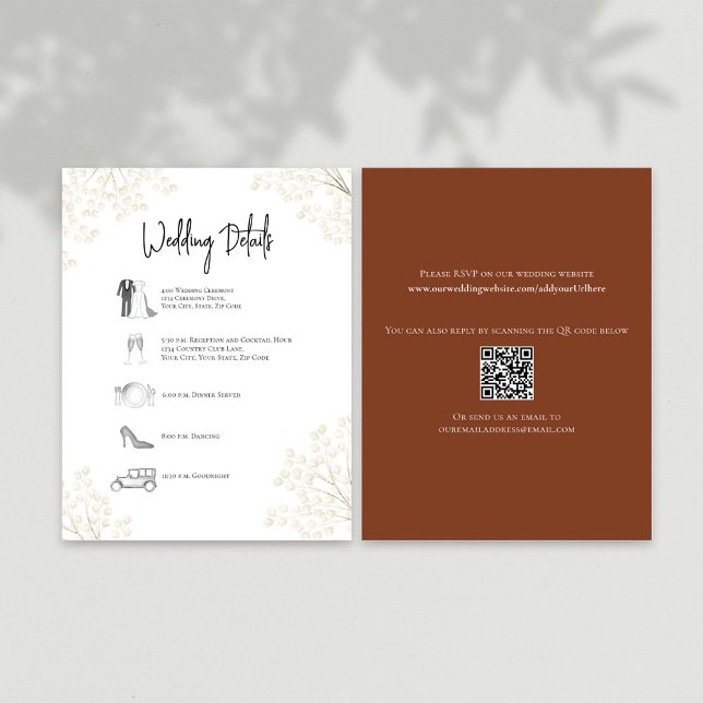 Burgundy Floral Wedding Details Timeline RSVP Card (Burgundy wedding details card with a scannable QR code. )