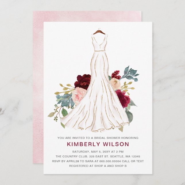 Burgundy Floral Wedding Dress Bridal Shower Invitation (Front/Back)