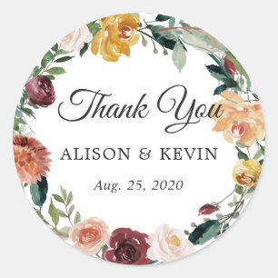 Burgundy Floral Wedding Favour Thank You Sticker