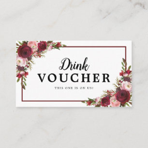 Burgundy Floral Wedding Free Drink Voucher Business Card
