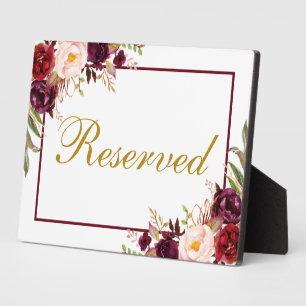 Burgundy Floral Wedding Gold Reserved 5x7 Table Plaque
