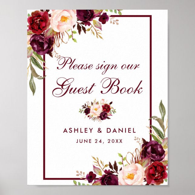 Burgundy Floral Wedding Guest Book Poster (Front)