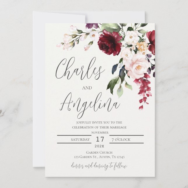Burgundy Floral Wedding Invitation (Front)