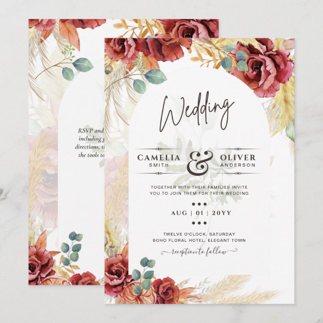 Burgundy Floral Wedding Invitation Digital Option (Front/Back)
