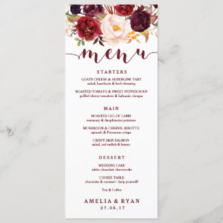 Burgundy Floral Wedding Menu Card