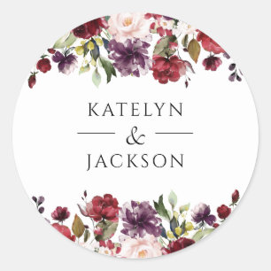 Burgundy Floral Wedding Monogram Sticker Labels