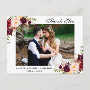 Burgundy Floral Wedding Photo Thank You Postcard
