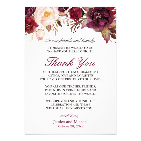 Burgundy Floral Wedding Place Setting Thank You Card | Zazzle