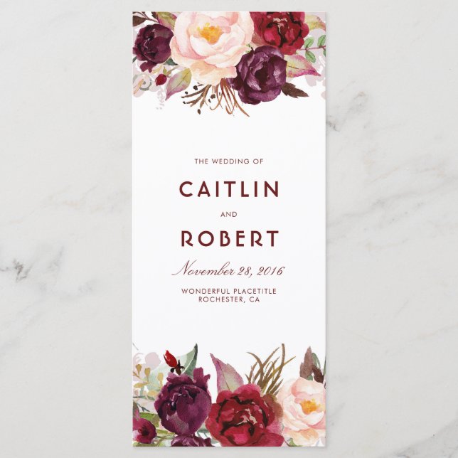 Burgundy Floral Wedding Programs (Front)