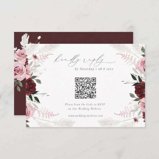 Burgundy Floral Wedding QR Code RSVP Enclosure Card (Front/Back)
