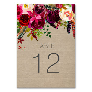 Burgundy Floral Wedding Reception table sign 3979 Table Number