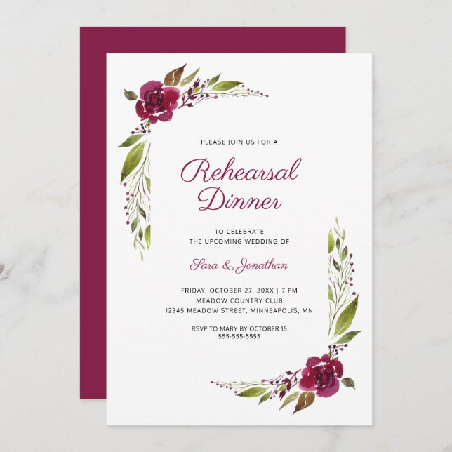 Burgundy Floral Wedding Rehearsal Dinner Invitation (Front/Back)