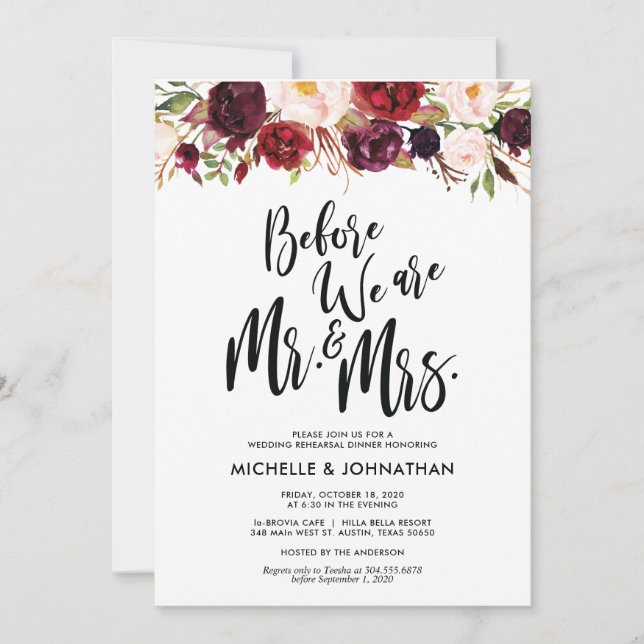 Burgundy Floral Wedding Rehearsal Dinner Invites (Front)