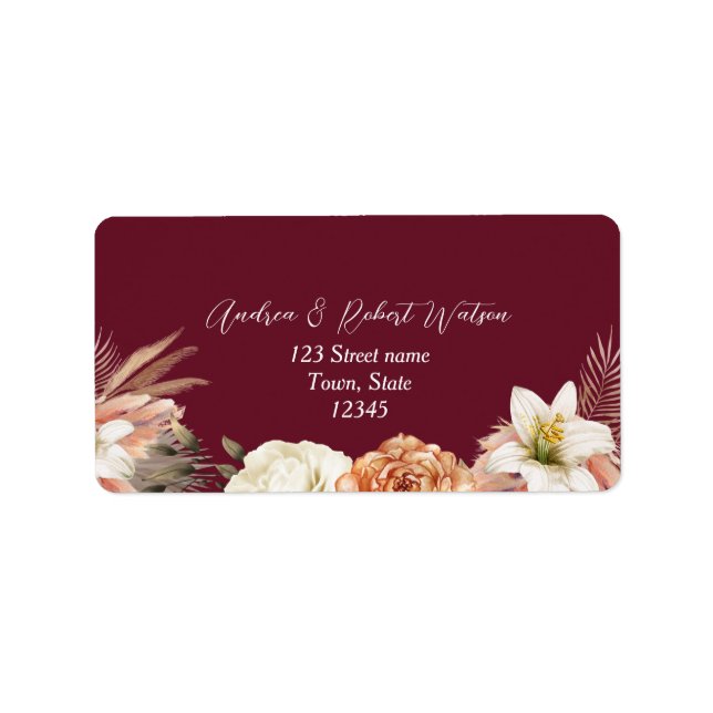Burgundy Floral Wedding Return Address Label (Front)