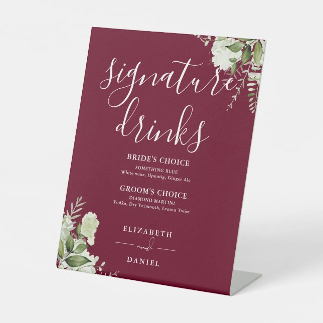 Burgundy Floral Wedding Signature Drinks Pedestal Sign (Front)