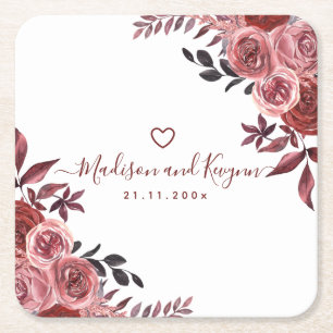 Burgundy Floral  Wedding  Square Paper Coaster